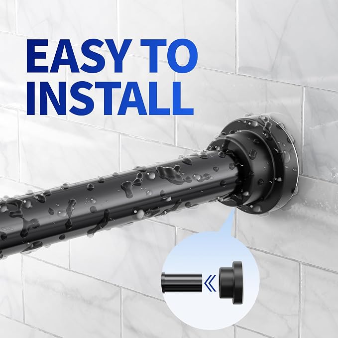 Mcrbeay Shower Curtain Rod, 1" Diameter Heavy Duty Tension Shower Rod, Non Slip Adjustable 28-74 inch No Drilling Shower Curtain Rods Spring Tension For Bathroom, Shower Stall, No Rust, Black