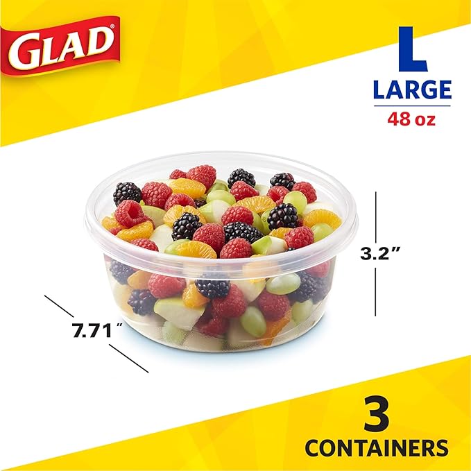 Glad GladWare Big Bowl Food Storage Containers with Lids, Large Round No BPA Plastic Containers for Soups, Salads, and Meal Prep, Lock Tight Seal, Microwave Dishwasher Safe, 48 Oz, 3 Count
