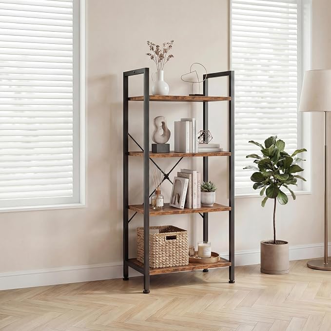 DUMOS 4-Tier Bookshelf, Tall Bookcase, Storage Organizer | Open Storage Display Shelf for Living Room, Bedroom, Home Office, Narrow Standing Shelving Unit for Books, CDs, Décor Brown
