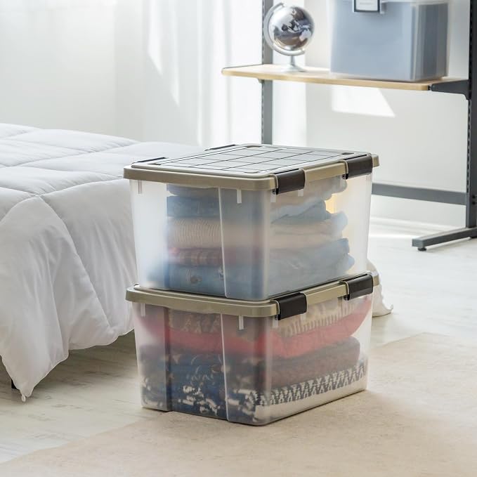 IRIS USA 44 Qt Storage Bins with Gasket Seal Lid, 2 Pack - BPA-Free, Heavy Duty Moving Containers Tight Latch, Weather Proof Tote, WEATHERPRO - Clear/Chrome
