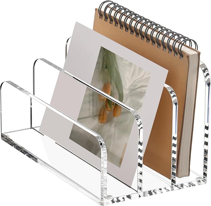 SANRUI Acrylic Mail File Organizer Sorters for Desk, 3 Upright Compartments Laddered Clear Desktop Vertical Letter Holder, Multifunction Envelope Folder Racks Holders for Office,Home, School