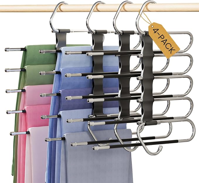 DAMITA Pants Hangers Space Saving - 4 Pack 5 in 1 Layers Stainless Steel Metal Jeans Hangers - Black Closet Organizers and Storage Anti-Slip Design for Pants Skirts Scarf Legging