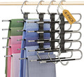 DAMITA Pants Hangers Space Saving - 4 Pack 5 in 1 Layers Stainless Steel Metal Jeans Hangers - Black Closet Organizers and Storage Anti-Slip Design for Pants Skirts Scarf Legging