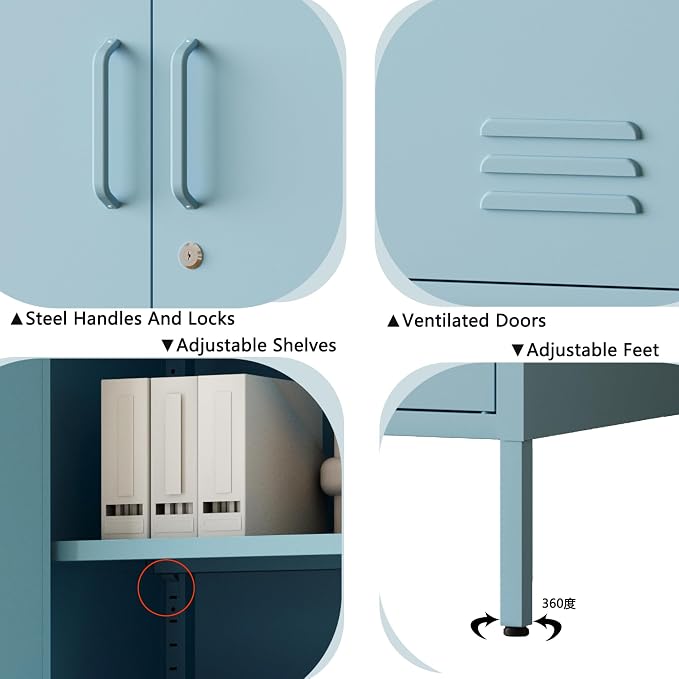 32" Blue 3 Door Lockable Metal Cabinet, Freestanding Heavy Duty Storage Locker with Adjustable Shelves for Home Office Kitchen Living Room