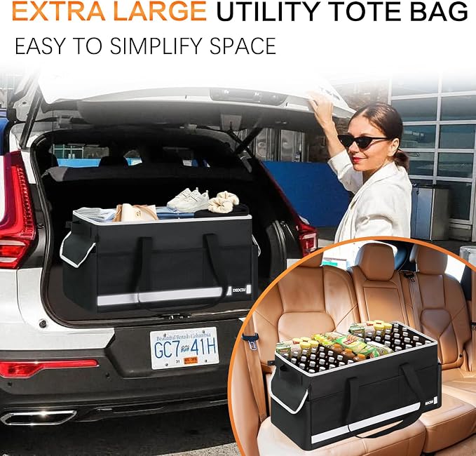 Upgrade Extra Large Utility Tote Bag with Reflective Strip, Standing Reusable Grocery Bags with Hard Bottom & 4 Sided Reinforced, Collapsible Utility Tote with Handles for Shopping, Beach, Car | Upgrade