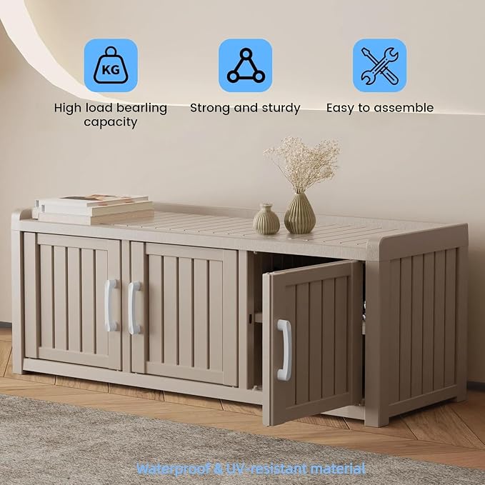 3 Doors Shoe Bench, Waterproof & UV-Resistant, Resin Shoe Cabinet Indoor & Outdoor Use, Entryway Bench with Adjustable Shelves & Hidden Storage Space for Bedroom, Hallway, Grey