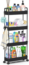 SOLEJAZZ Slim Rolling Storage Cart Skinny Bathroom Organizer, 4 Tier, Black | Thin utility cart with wheels for bathroom, laundry room, bedside, kitchen, dorm, office, next to fridge, small narrow places
