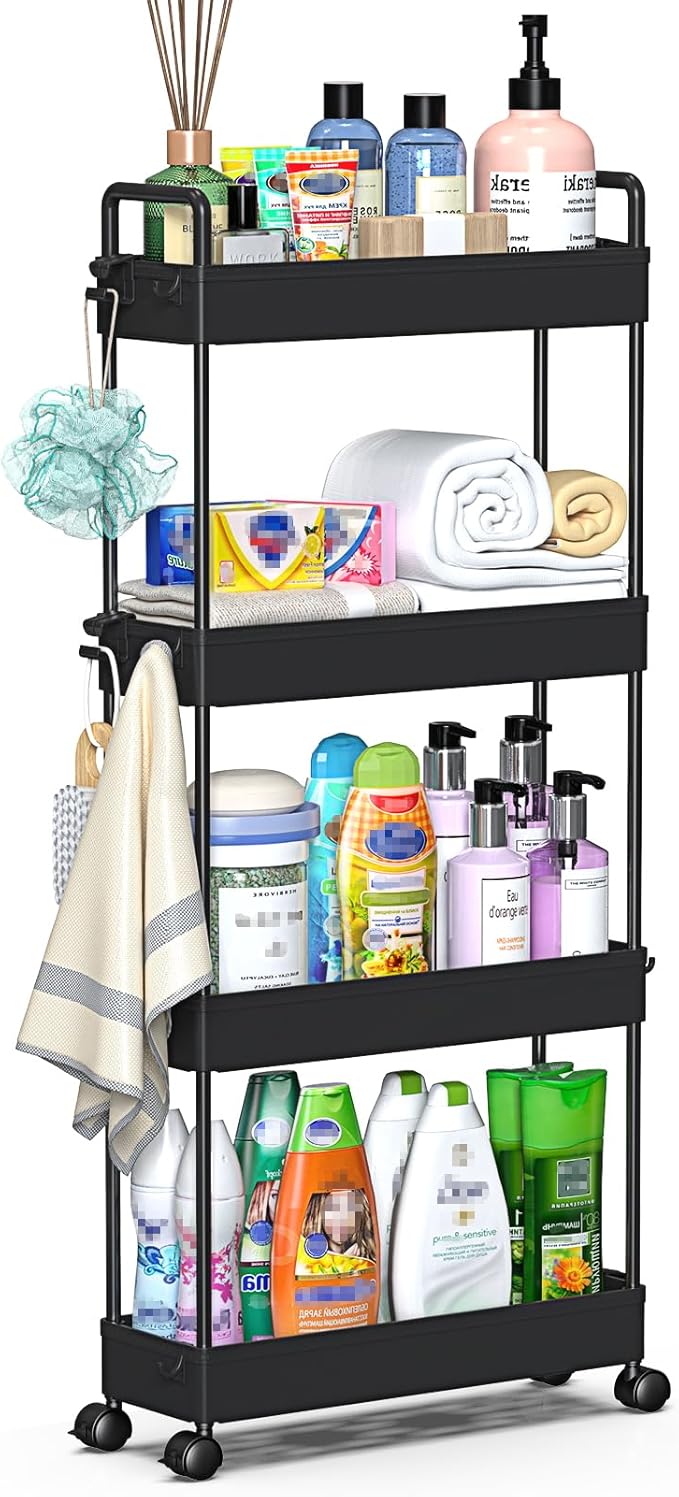 SOLEJAZZ Slim Rolling Storage Cart Skinny Bathroom Organizer, 4 Tier, Black | Thin utility cart with wheels for bathroom, laundry room, bedside, kitchen, dorm, office, next to fridge, small narrow places