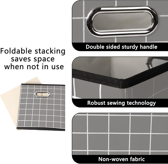 Yunkeeeper storage bins Cubes, Fabric Cube Organizer with Handle, Foldable Cube Bins for Cloth or Accessary Storage, 11x11x11, Set of 3,(Grey grid)