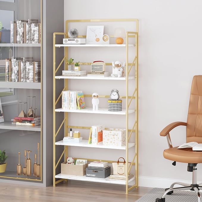 JSB 6 Tier No Assembly Folding Bookshelf, 30.3" Wide Foldable Storage Bookcase for Home Office, Space-Saving Storage Shelf for Living Room (White&Gold)