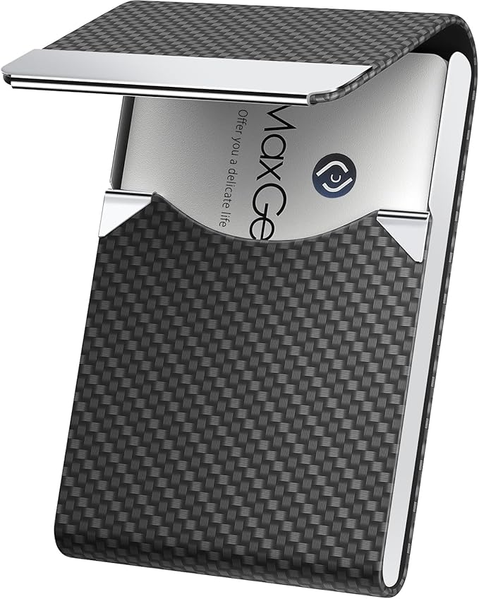 MaxGear Business Card Holder, PU Leather Business Card Case, Black Carbon | Stainless Steel Interior, Magnetic Closure, RFID Blocking, Holds 15–25 Standard Business Cards