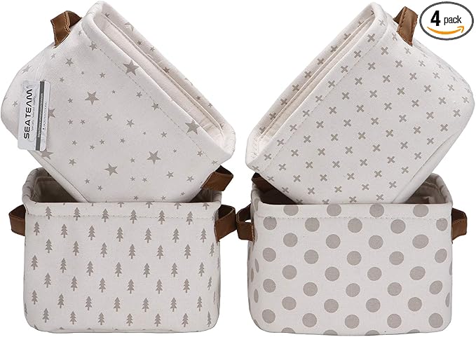 Sea Team Collapsible Small Canvas Fabric Storage Basket with Handles, Square Mini Storage Box, Cube, Foldable Shelf Basket, Closet, Desk Organizer for Nursery, Home, Office (Grey, Set of 4)