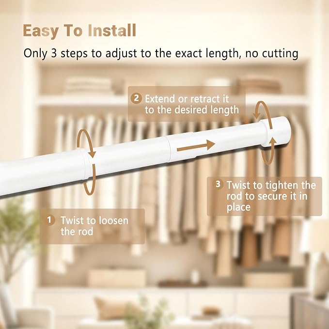 Closet Rod Adjustable 17-53”, Heavy Duty Hanging Clothes Rod, White | 1-1/4” Diameter, Stepless Metal Closet Bar, Wall-Mounted, For Hanging Clothes, Walk-In Closet, Wardrobes, Laundry Room, RV