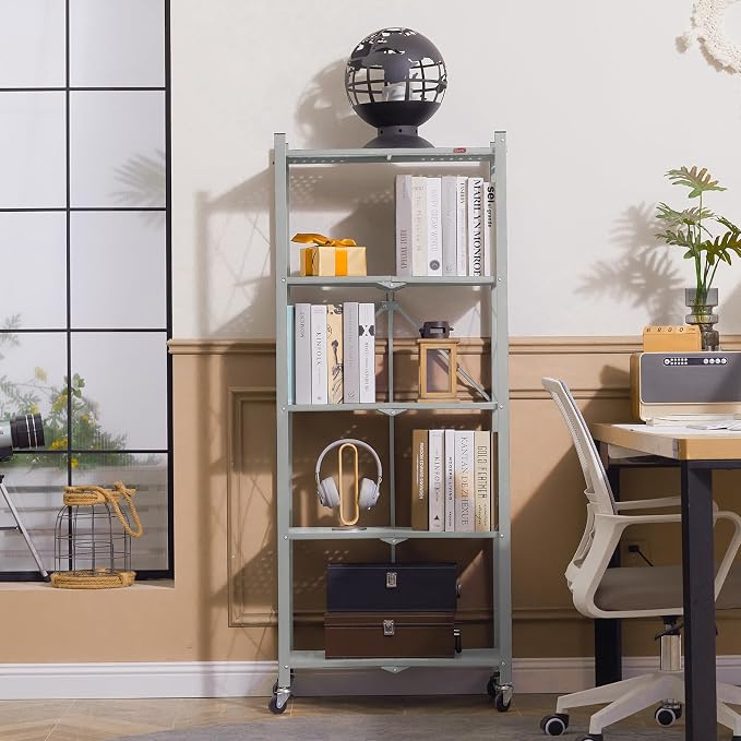 DEANIC 5-Shelf Folding Bookcase with Wheels, Rolling Bookshelf Heavy Duty Storage Shelves, Freestanding Metal Wire Shelving Unit for Living Room, Office, Kitchen, Basement, Pantry (Grey)