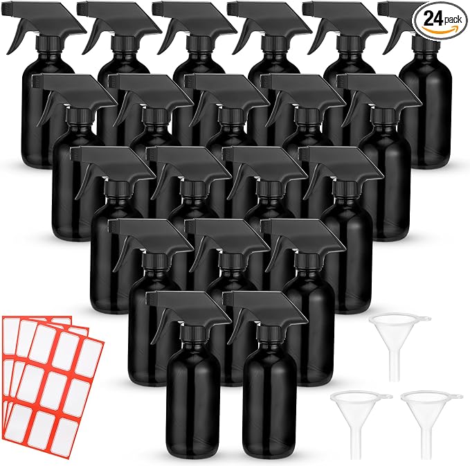 Norme 24 Pcs Glass Spray Bottles with Funnels and Labels 8 oz Refillable Cosmetic Empty Spray Containers with Trigger Squirt Containers for Essential Oil Cleaning Solutions(Black)