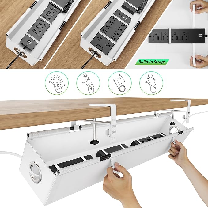 KEEGH Under Desk Cable Management Tray 36", Fabric Clamp/Screw Mount Cord Organizer, No Drill Under Desk Cable Tray for Home, Offices, Studios, Gaming Room (White)