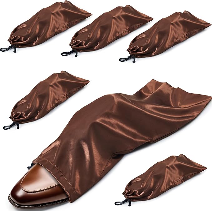 Ersmak 6 Pack Shoe Bags for Travel - Satin Shoe Bag with Drawstring - Brown Shoe Storage Bags for Protecting Storage Shoes - 17.7 x 7.9 In