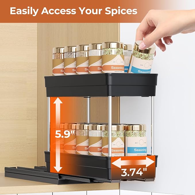 Mystozer Pull Out Spice Rack Organizer for Cabinet, 2 Pack 2-Tier, Black | Smooth Dual-Rail Sliding, No-Drill Installation, 8.26"W x 10.62"D x 8.66"H, Fits Framed Cabinets and Saves Kitchen Space