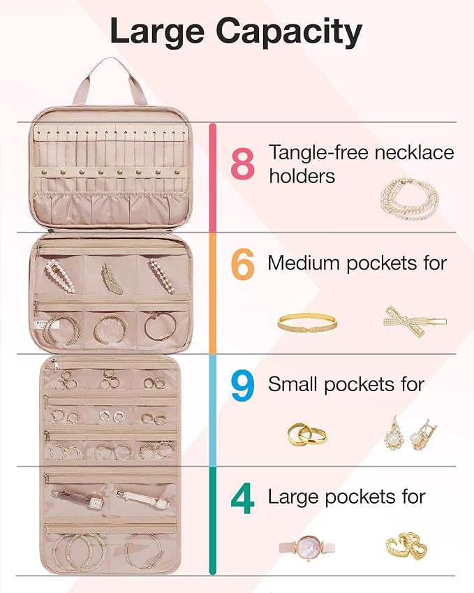 BAGSMART Travel Jewelry Case, Hanging Roll Jewelry Bag with Zipper Pockets Jewelry from Oxidation, Large Capacity for Earrings, Necklaces, Rings on Closet, Wall, Door, Portable Travel Essentials, Pink