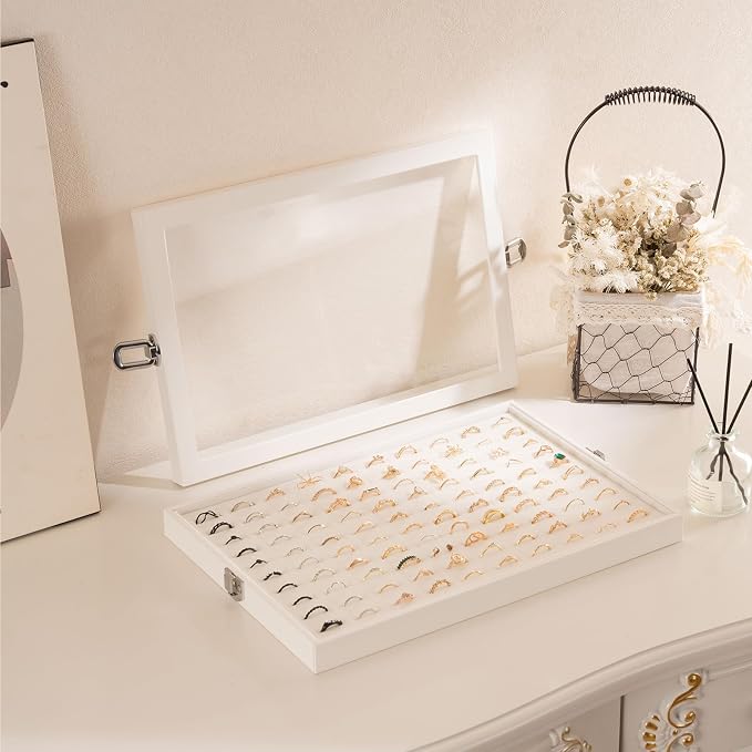 Lolalet Jewelry Organizer Tray with Lid, 100 Grids Velvet Ring Organizer Holder Storage Box for Drawer -Beige | Made of velvet cover, with lid, compact for drawers, 100 compartments for clear rings organiser