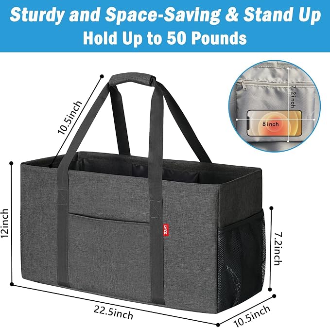 LHZK 2 Pack Extra Large Utility Tote Bag with Metal Wire Frame and the Sides Rinforced, Extra Large Tote Bag with Handle for Pool Beach Laundry Storage (Grey)