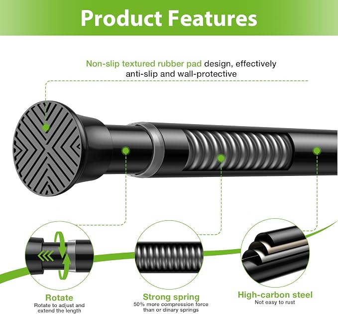 1Pcs Spring Tension Curtain Rod, Shower Curtain Rod 31-76 Inch, Spring Loaded Curtain Rod No Drilling, Adjustable 7/8" Diameter Tension Rod for Windows Bedroom Bathroom Doorway Closet, Black