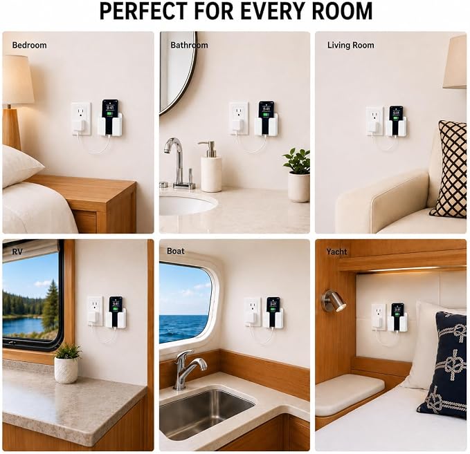 Wall Phone Holder, Adhesive Phone Wall Mount with Cable Hole, Bathroom Bedside Kitchen RV Phone Holder Compatible with iPhone, Android Phones and Remote Controls (White)