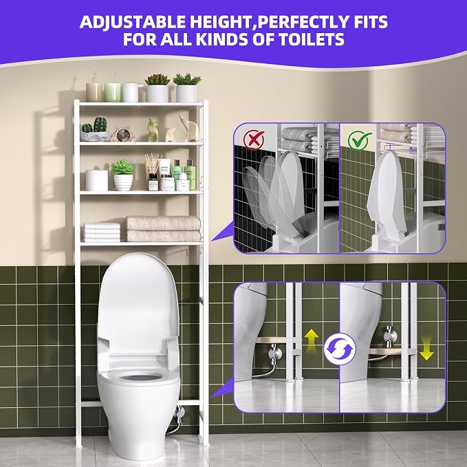 KMwisde 4 Tier Over The Toilet Storage, Bathroom Organizer Shelves with Adjustable Height, Above Toilet Storage Cabinet with Freestanding Rack, White