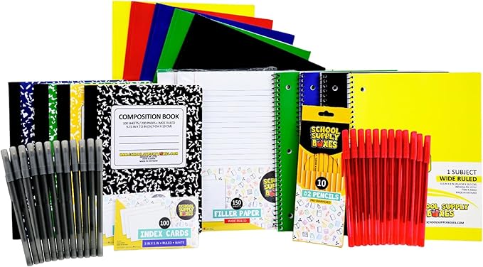 Elementary School Writing Bundle | Pallet (112 Boxes) - 51 Pieces per Box Back to School Essentials | Includes Composition Books, Loose Leaf Paper, Index Cards, 12 ct. Pens & More