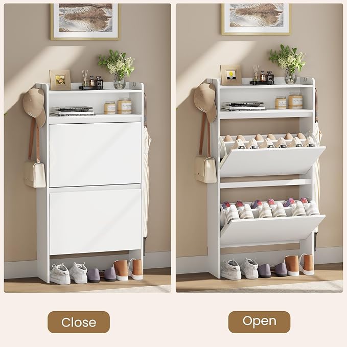 Shoe Cabinet Organizer with 2 Flip Drawers, Freestanding Shoe Rack Cabinet, Narrow Shoe Cabinet Storage for Entryway, Foyer, Hallway, White, 23.6" W