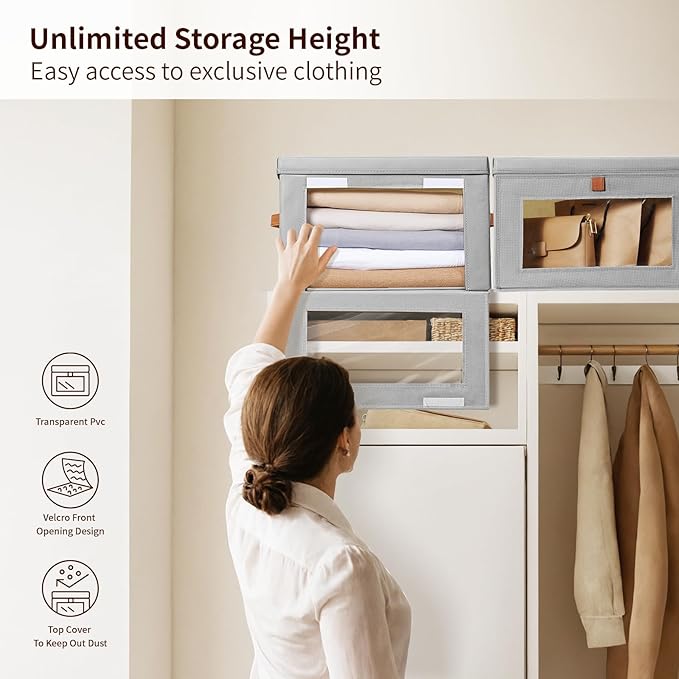 Homsorout Small Fabric Storage bins - Collapsible Storage Bins with Open Window, 3 Pack Closet Baskets for Shelves, Stackable Decorative Boxes for Home, Dorm, Grey, 13.7"x 9.8" x 9.8"