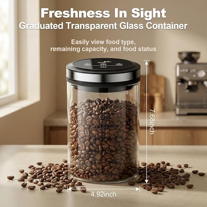Vacuum Coffee Canister, 1.6L Large Capacity Airtight Coffee Container with Graduated Scale and Vacuum Duration Display. Features Transparent Borosilicate Glass Construction