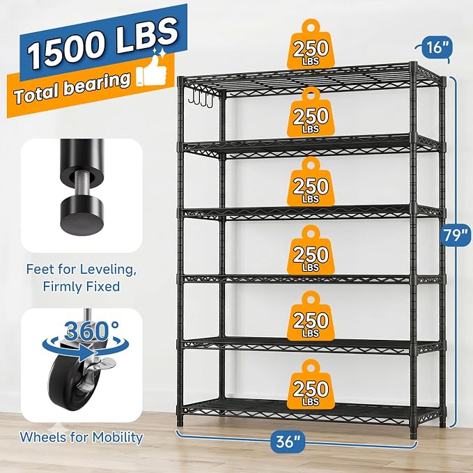2Pack Wire Shelving 1500lbs 6 Tier Storage Shelves with Wheels NSF Certified Heavy Duty Steel Metal Shelf Adjustable Rolling Rack Kitchen Garage Closet Pantry Laundry 36" Wx16 Dx79 H