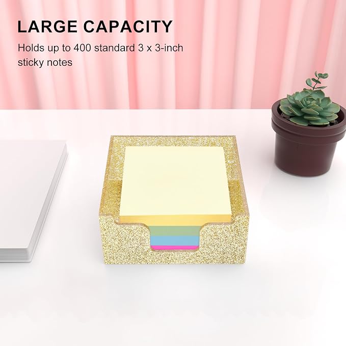 Rouidr Acrylic Sticky Note Holder, Self Stick Note Pad Holder, Gold | 3.94 x 3.94 Inch Glitter Memo Pad Dispenser Organizer for School Office Home Desk Supplies