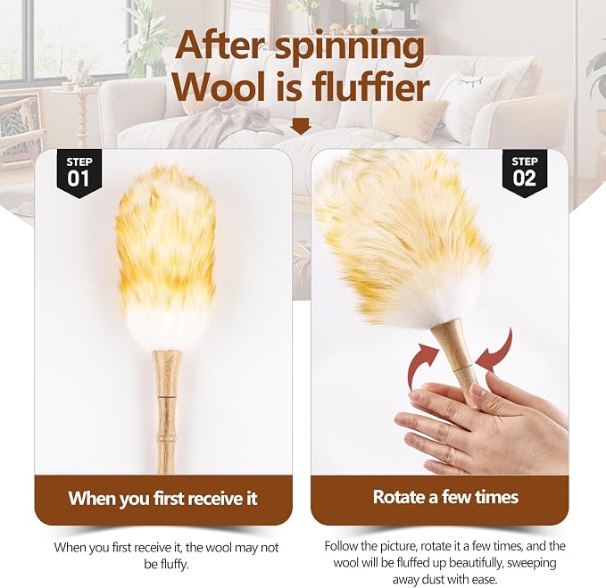 Lambswool Duster for Cleaning with Solid Wooden Handle Leather Hang Strap 14.9 inch Natural Feather Duster for Cleaning Ceiling Fans Window Blinds Computer Furniture(2 Pack)