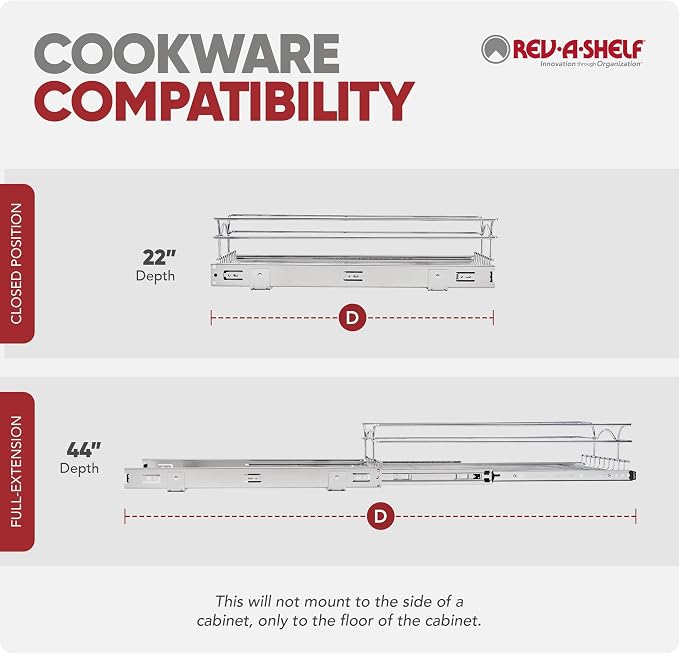 Rev-A-Shelf Steel Wire Pullout Drawer Organizer Shelf for Kitchen Cabinets, Slide Out Storage Basket, Min Opening Width of 11.5" W, 12" x 22", 5WB1-1222CR-1