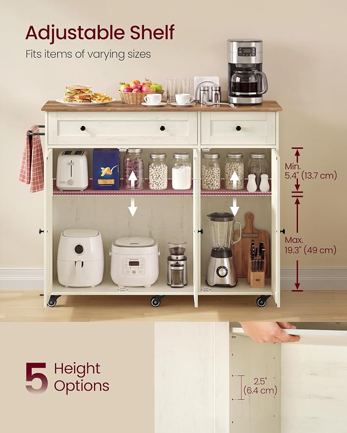 VASAGLE Mobile Kitchen Island, Portable Island on Wheels, Mobile Cart with Storage Cabinet for Dinning Room, 15.8 x 42.1 x 35.1 Inches, Rustic White and Honey Brown UKKI015WJ01S