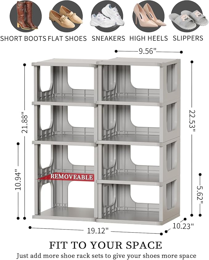 HAIXIN 10 Tier Narrow Shoe Rack, Compact Closet Shoe Shelves | Compact Size Space Saving, No-Tool Assembly, Removable Panels to Adjust Shelf, Stackable Expandable, Modular Design, Entryway