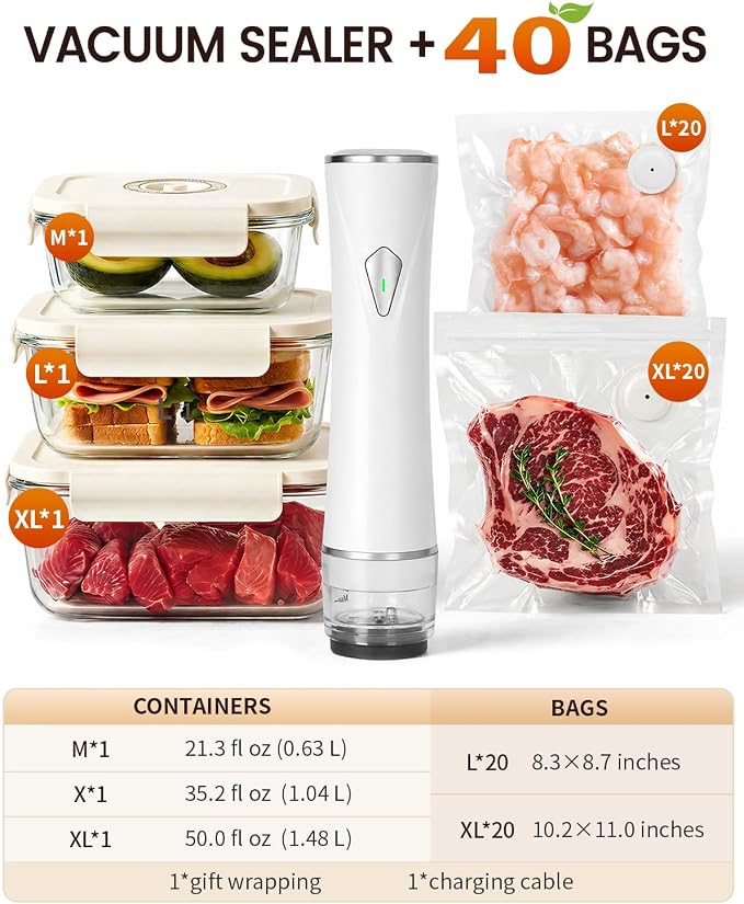 Compact Vacuum Sealer for Food - Portable Handheld Vacuum Sealer Kit : 1 Vacuum Pump, 3 Glass Containers, 40 Reusable Bags & 4 Sealing Clips, 6X Freshness Lock for Kitchen, Meal Prep & Travel
