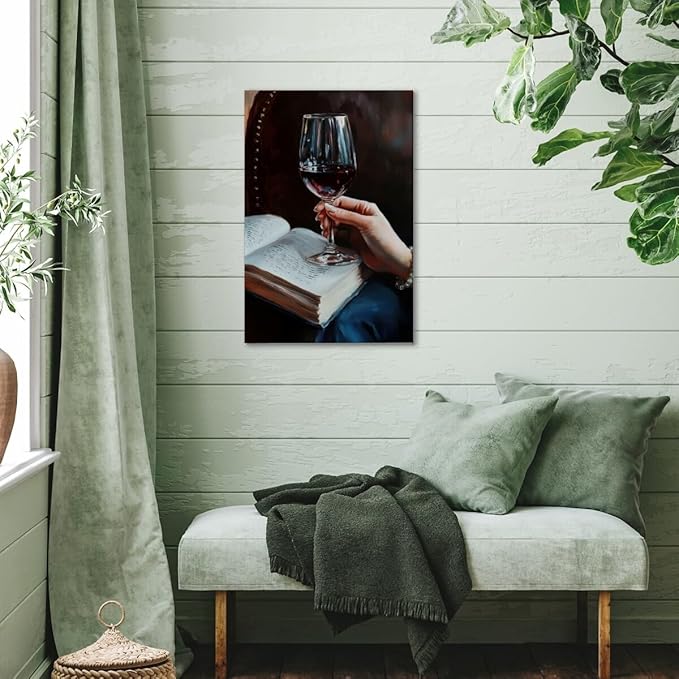 Wine and Book Girl Reading With Drink Art Aesthetic Poster Canvas Wall Art Decoration Living Room Home Decor Bedroom Decoration Poster Framed16x24inch