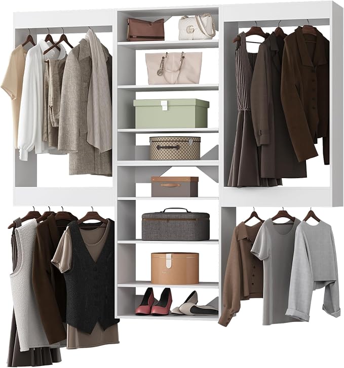 Modular Closet System, 84" Wide Closet Organizer System with Hanging and Towers, Wood Tower Closet Storage for Walk In Closets, Wall Mounted Wardrobe Organizer Kit System, Bedroom, White