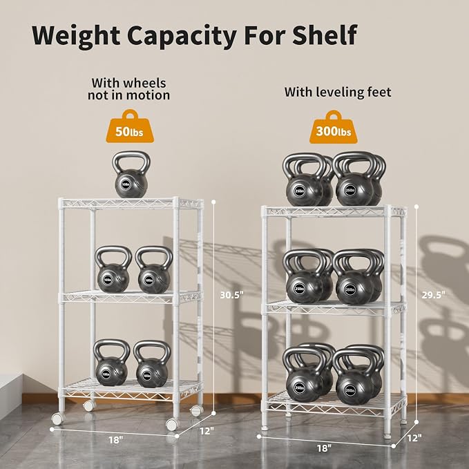 Golpart Small Shelves Storage Wire Metal Adjustable Shelf Unit with Wheels | 3 tier Shelving Organizers Storage Shelving for Bathroom Laundry Room Kitchen Pantry 11.7”D x 17.7”W x 30.7”H White
