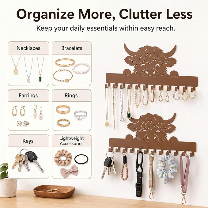 Hicarer 2 Pack Highland Cow Necklace Holder Wall Mount 24 Hooks Adhesive Metal Jewelry Organizer Farmhouse Home Storage Decor Gifts for Women Highland Cow Lovers for Earrings Bracelets Rings Keys