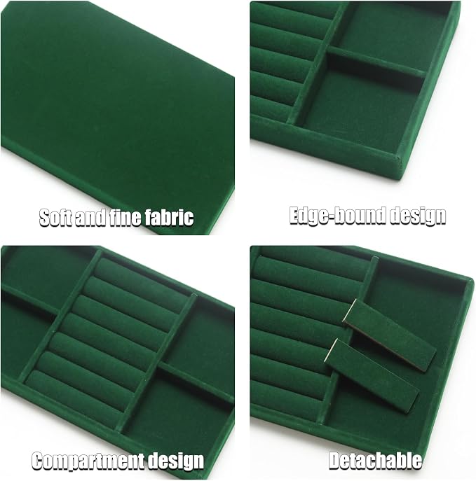Velvet Jewelry Trays for Drawers, Dark Green Stackable Jewelry Drawer Organizer Inserts, Ring Earring Necklace Bracelet Holder Organizer Storage Display Tray with Removable Dividers, 2-in-1
