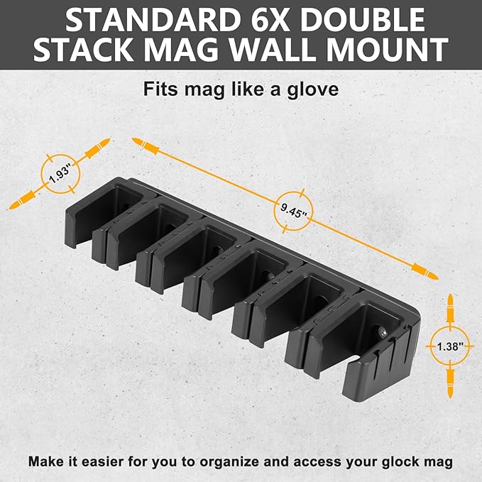 Adoreal Magnetic ABS 6 Standard Double Stack Mag Rack Wall Mount, Wall Magazine Display, Detachable Wall Mags Storage Organization System, Precision Fit Glock 17, 19, 26, 31, 32, 33, 34 Mags