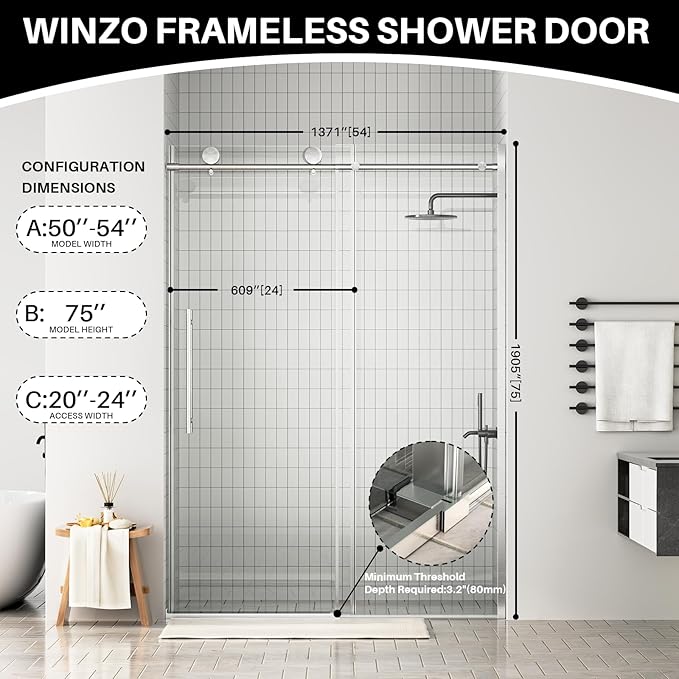 WinZo Frameless Shower Door 50-54 in W x 75 in H, Sliding Shower Door with 5/16"(8mm) Clear Tempered Glass Shower Door, Easy to Clean Bathroom, Silent Soft-Close Design, Brushed Nickel