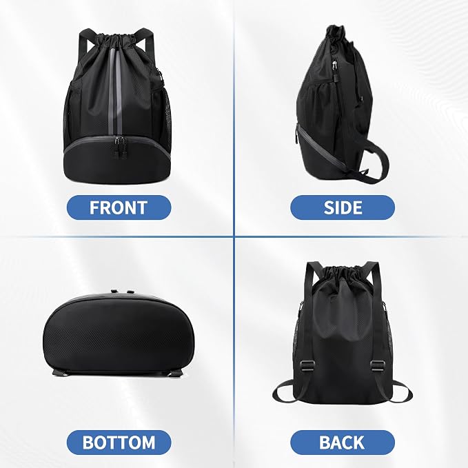 JELUTAR Drawstring Backpack Gym Bag with Shoes Compartment, Black | Water-Resistant String Backpack for Soccer, Basketball, Swim, Beach Cinch for Women Men, 18 L Large Capacity, Wet Pocket