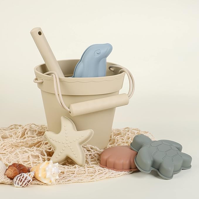 BLUE GINKGO Silicone Beach Toys - Modern Baby Beach Toys | Travel Friendly Beach Set | Silicone Bucket, Shovel, 4 Sand Molds, Beach Bag | Silicone Sand Toys for Toddlers, Kids - Beige