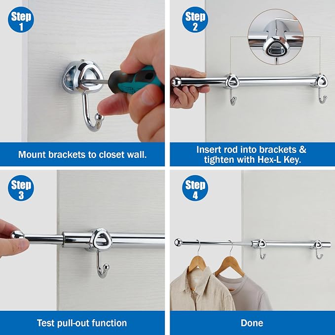 Valet Rod for Closet Pull Out with Hooks, Easy To Install (Chrome, 12 Inch)