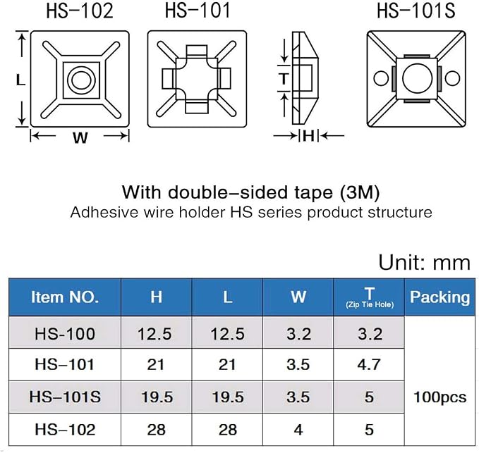 XHF 200 PCS 1/2" White Self Adhesive Cable Zip Tie Mounts Wire Cable Clips Holders Management Anchors Organizer Holders Squares(HS-100)